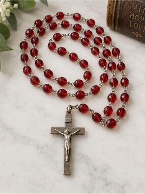 Vintage Red Beaded Catholic Rosary Silver Tone Crucifix Religious Prayer Beads